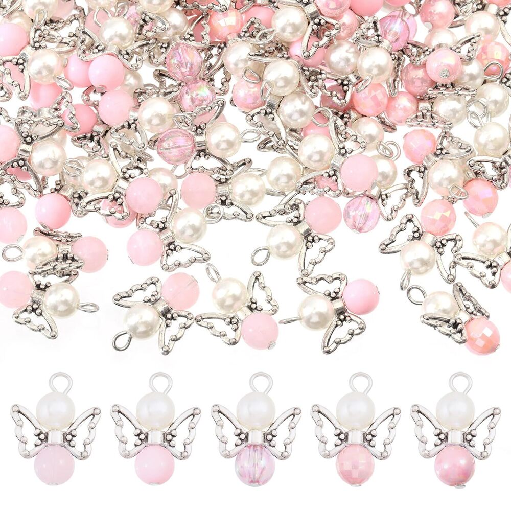 7444 100PCS 5 Styles Pink Angel Wing Charms Angel Pendant Beads Acrylic